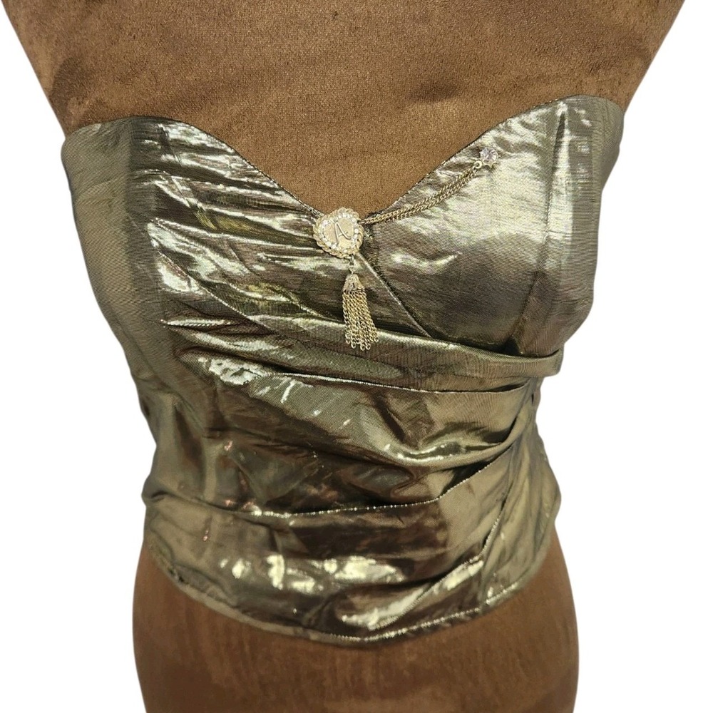 Carlisle Bustier Top Gold Metallic Size 4 Crop A Pin Tassel Party NYE 90s Vtg